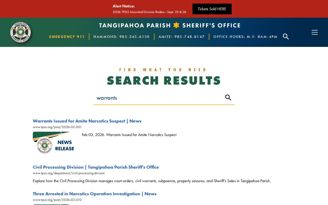 Tangipahoa Parish sheriff site search results for warrant records