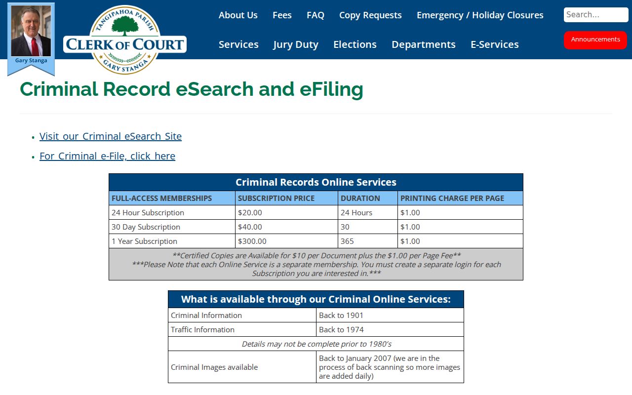 Tangipahoa Parish clerk criminal record search membership page for bench warrant records