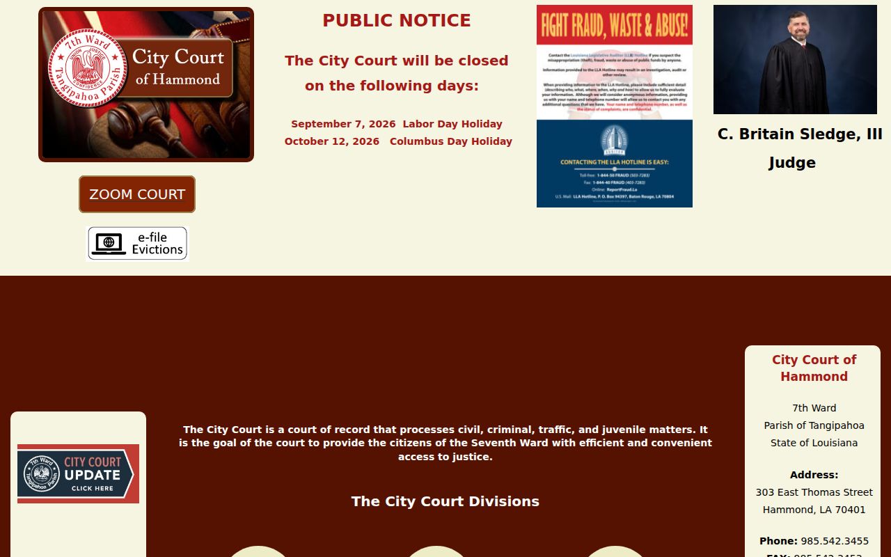 Hammond City Court divisions and payment page for Tangipahoa Parish bench warrant records