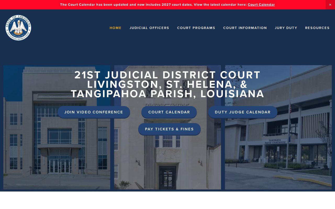 Twenty-First Judicial District Court page for Tangipahoa Parish warrant records