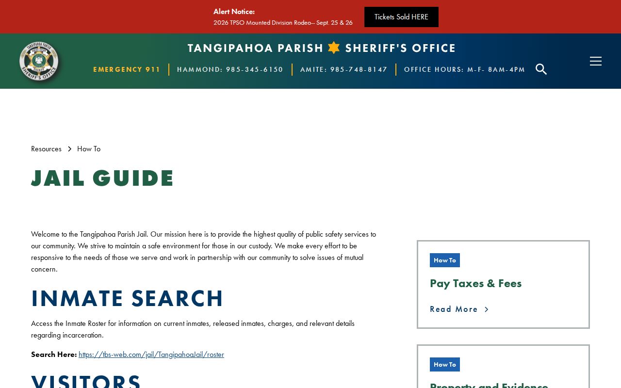 Tangipahoa Parish jail guide page for custody and warrant records