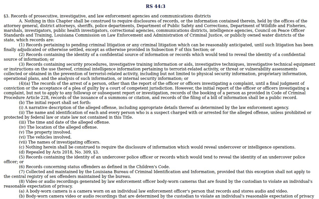 Louisiana public records law and law enforcement exemption text for Tangipahoa Parish warrant records
