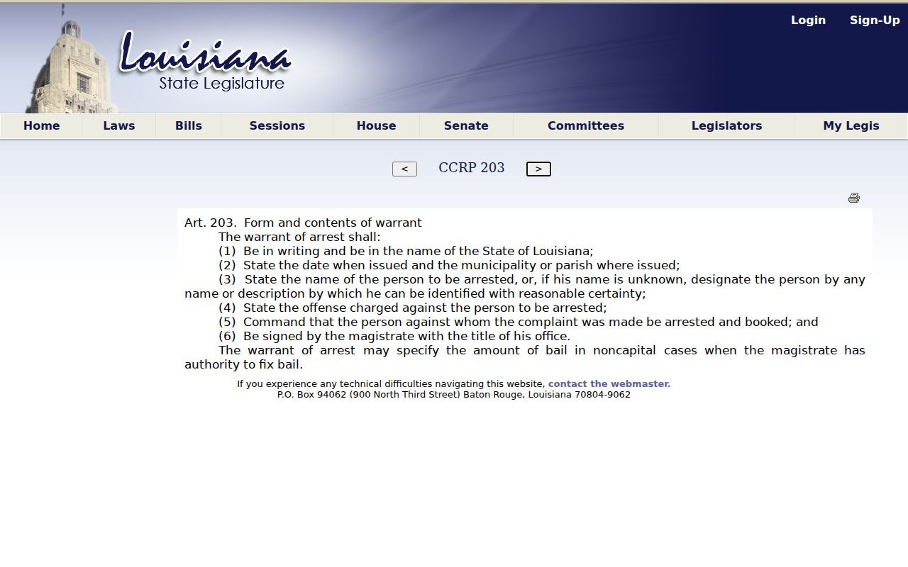 Louisiana arrest warrant required fields for Tangipahoa Parish warrant records