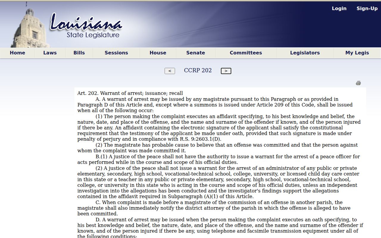 Louisiana probable cause statute text for Tangipahoa Parish arrest warrant records
