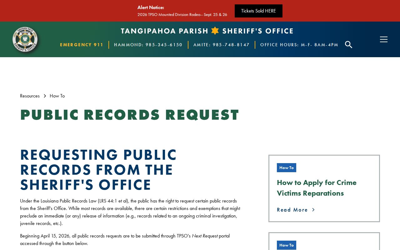 Tangipahoa Parish sheriff public records instructions for warrant records