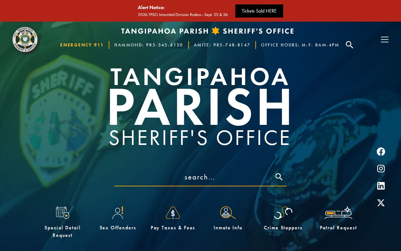 Tangipahoa Parish Sheriff's Office contact page for warrant records